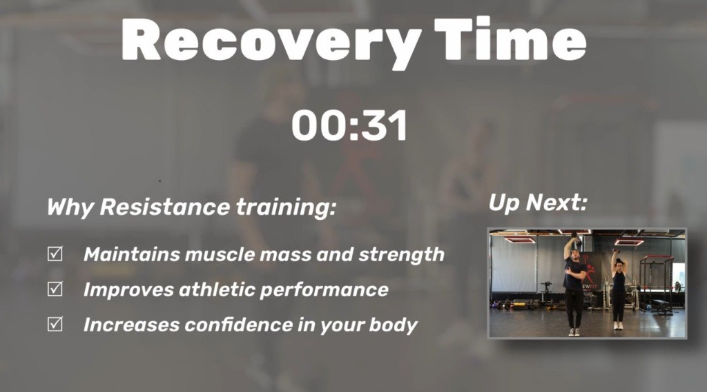Structured workout with recovery timer and exercise guidance